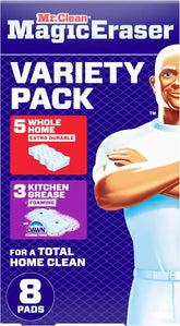 Mr. Clean Magic Eraser Sponge, All Purpose Cleaner, Cleaning Scrubber, Wall, Kitchen, Bathroom, Shower Cleaner, Melamine Sponge, Cleaning Pads, Variety Pack, 5 Extra Durable, & 3 Grease Magic Erasers