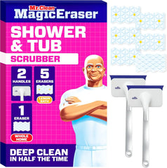 Mr. Clean Magic Eraser Shower & Tub Scrubber, Bathroom Cleaner, All in One Bathroom Cleaner, Lemon Starter Kit, 2 Scrubber, 5 Foaming Magic Erasers, 1 Whole Home Extra Durable Magic Eraser