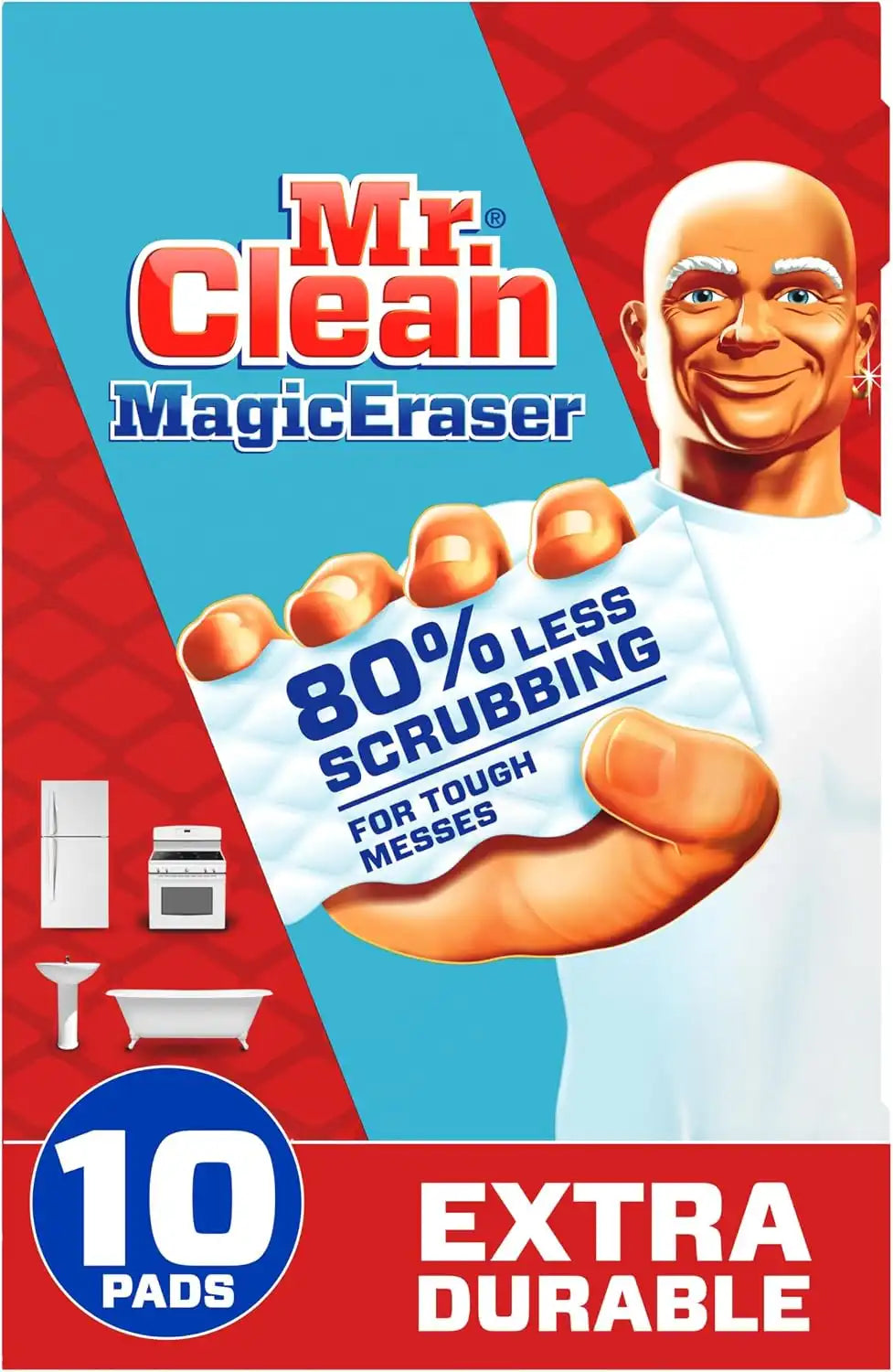 Mr. Clean Magic Eraser Sponge, All Purpose Cleaner, Cleaning Scrubber, Wall, Sneaker, Kitchen, Bathroom, Shower, Melamine Sponge, Pads, Extra Durable, 10ct