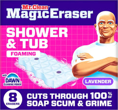 Mr. Clean Magic Eraser Sponge, Bathroom, Shower, Tub Cleaner, Soap Scum Remover, Bathroom Cleaning Supplies, Dawn Cleaning Power with Lavender Scent, Shower & Tub, 8ct